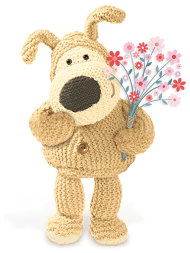 Boofle Mother's day character holding a bunch of Spring flowers