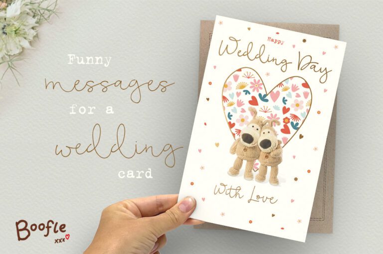 Funny messages to write in a wedding card blog image. hand holding Boofle wedding card